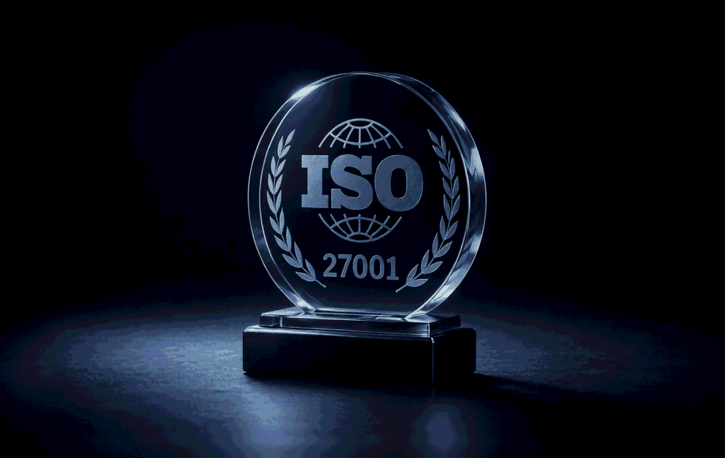 ISO 27001 Certified badge with a globe, blue text, and Quicklizard Information Security Management System around the edge.