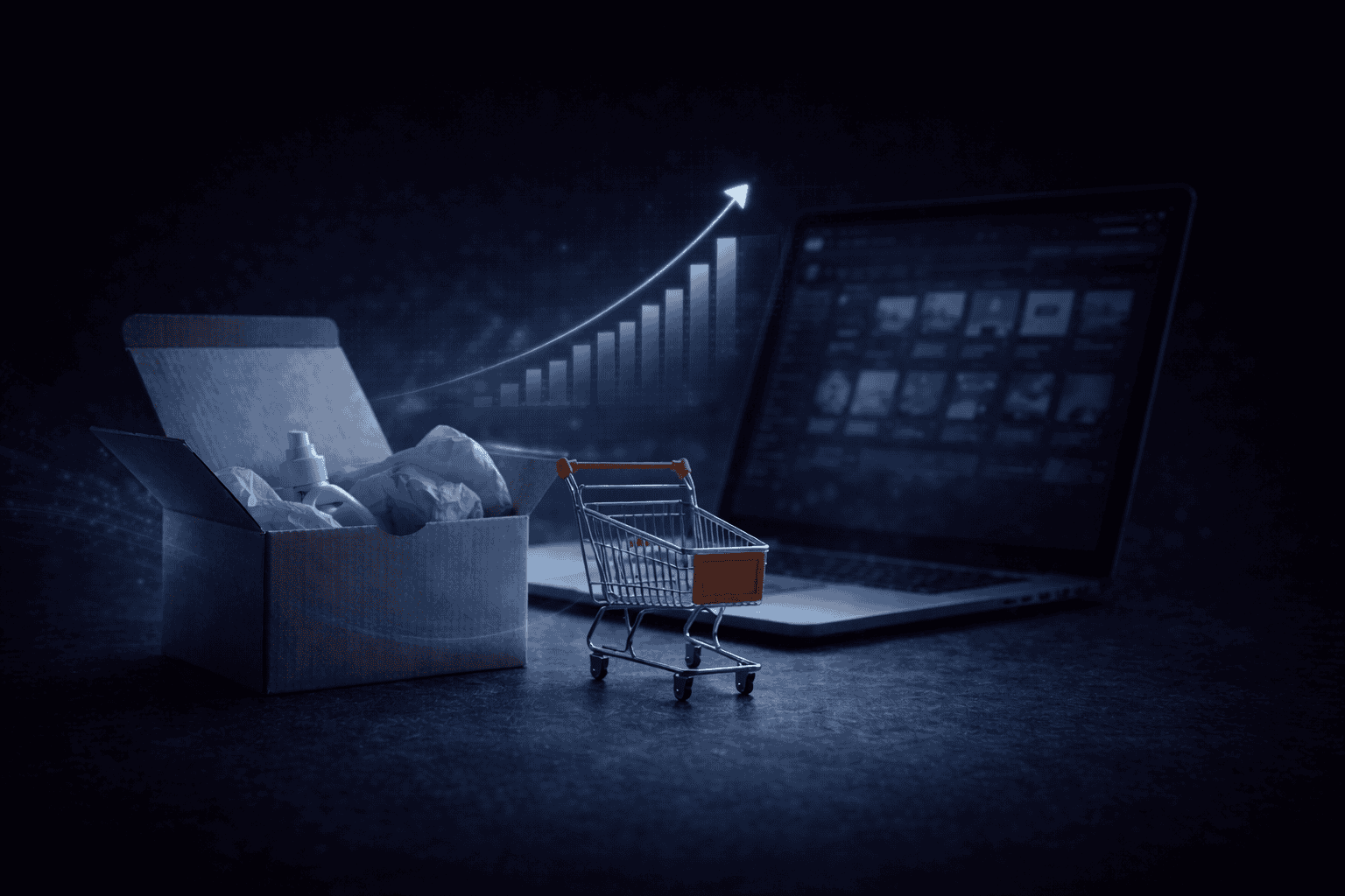 Auf einer roten Fläche halten Hände ein Tablet, auf dem ein E-Commerce-Bildschirm mit dynamischen Preisen vor einem blaugrünen Hintergrund zu sehen ist.