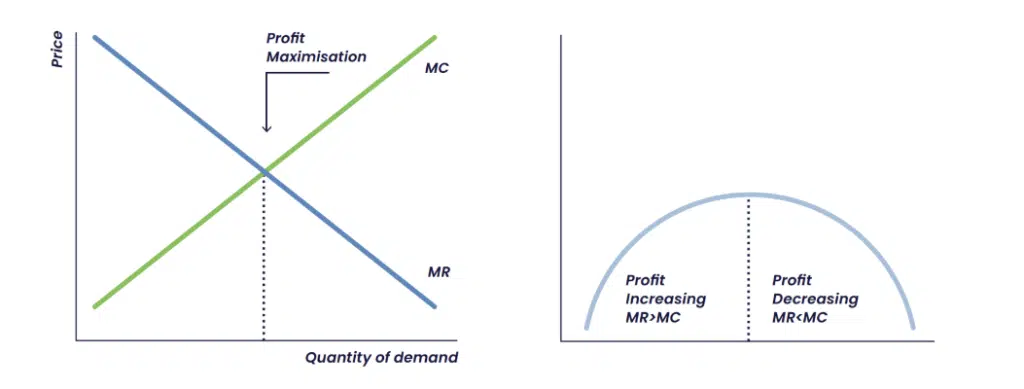 line graphs showing where marginal cost (MC) equals marginal revenue (MR) for profit maximization relating to elasticity