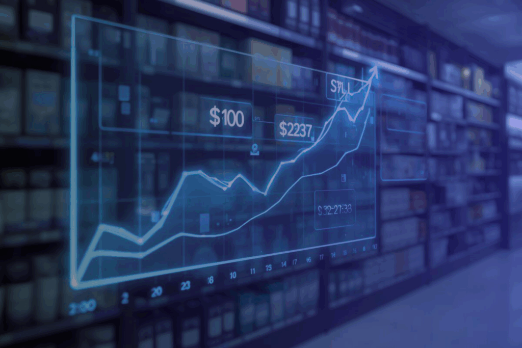 A digital stock chart with rising values overlays retail shelves, highlighting growth as Buy with PayPal ChatGPT drives sales.