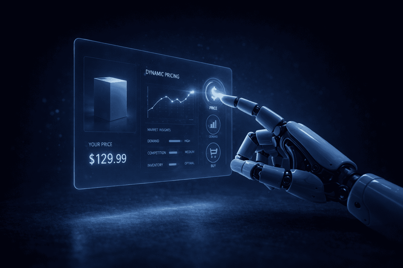 A humanoid robot explores agentic pricing on a digital screen, touching blue-lit holographic icons in a high-tech store.
