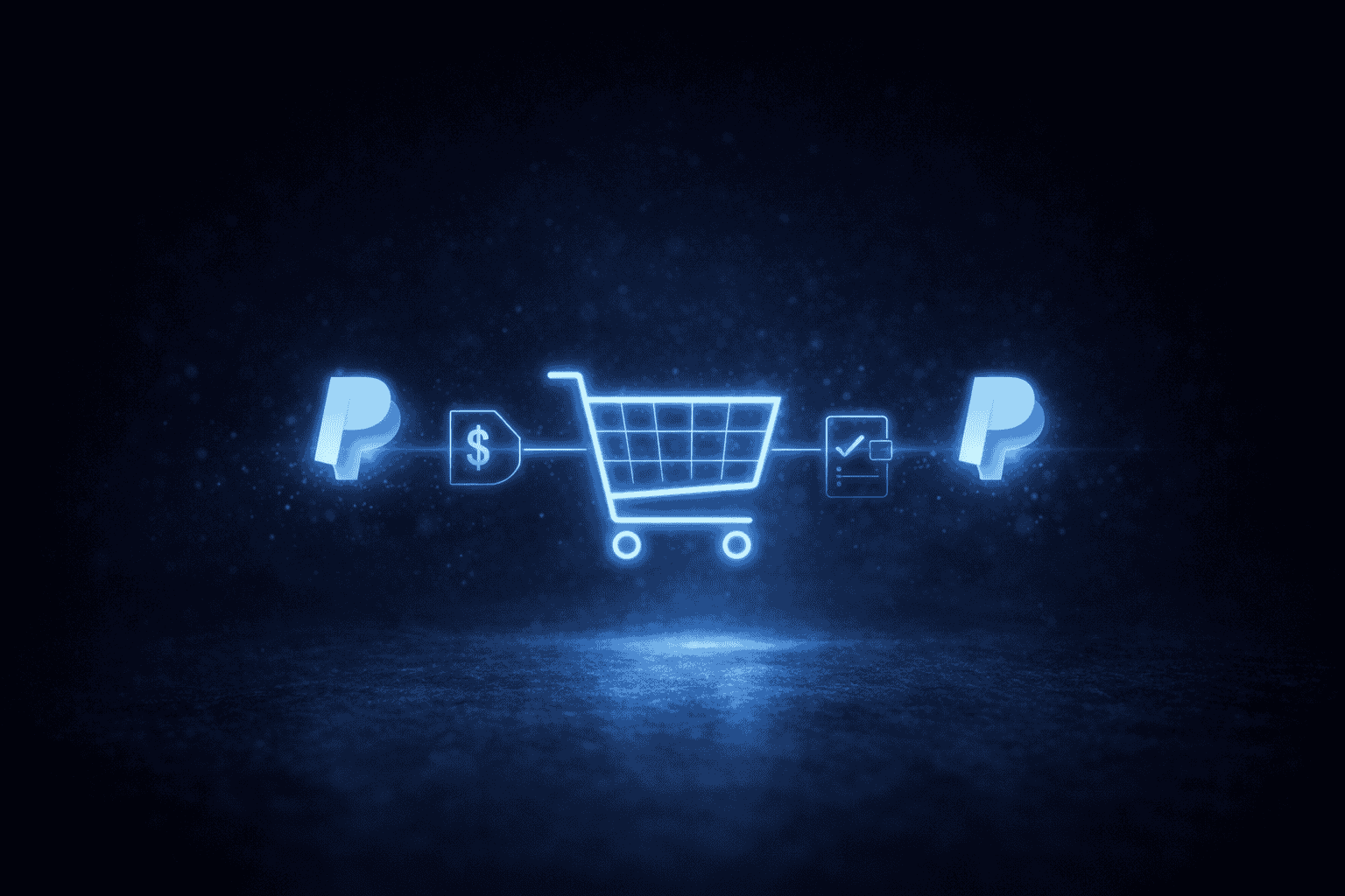 A digital shopping cart glows, surrounded by PayPal logos and agentic commerce icons on a blue tech background.