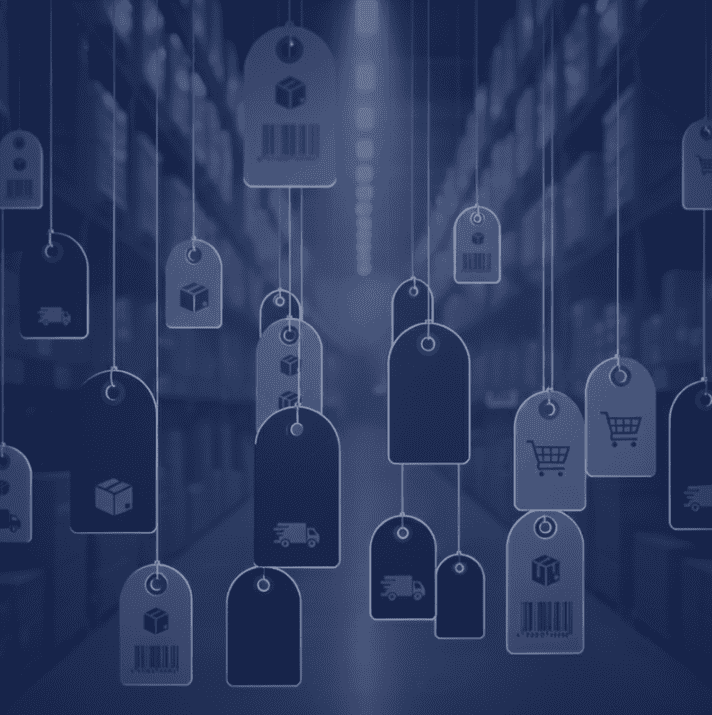 Illustration of floating price tags with icons, highlighting AI pricing software in a blurred warehouse aisle with stacked boxes.